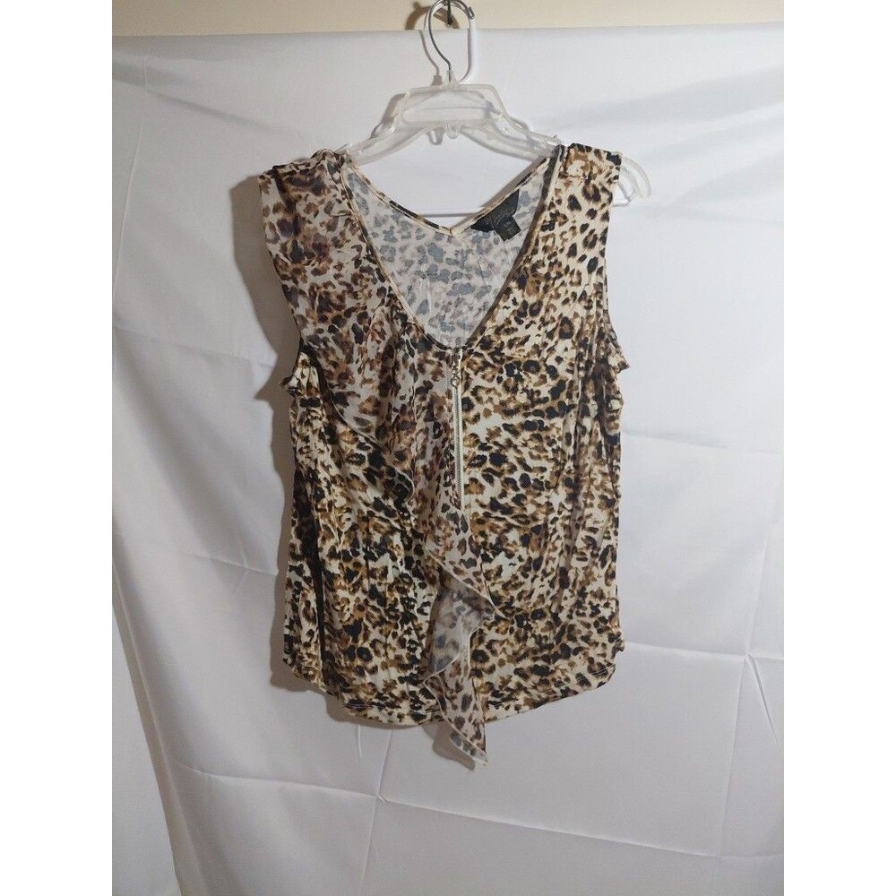 Thalia Sodi Animal Print Top Size L/G Brown Ruffle Zip Front Glam Chic Bold